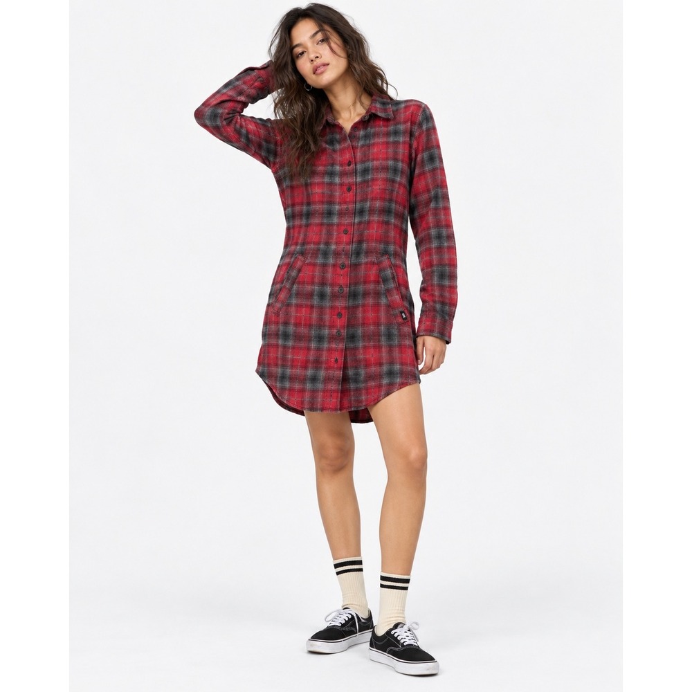 Vans Almost Friday Red Plaid Flannel Shirt Dress Medium Charcoal Grey Pocketed